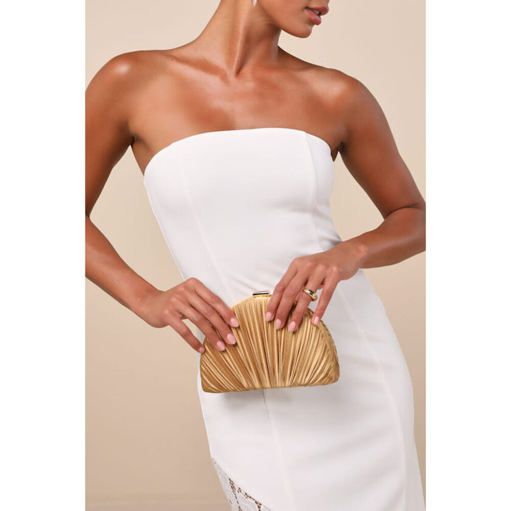 Lulus Pleat Perfection Gold Satin Pleated Hard Clutch